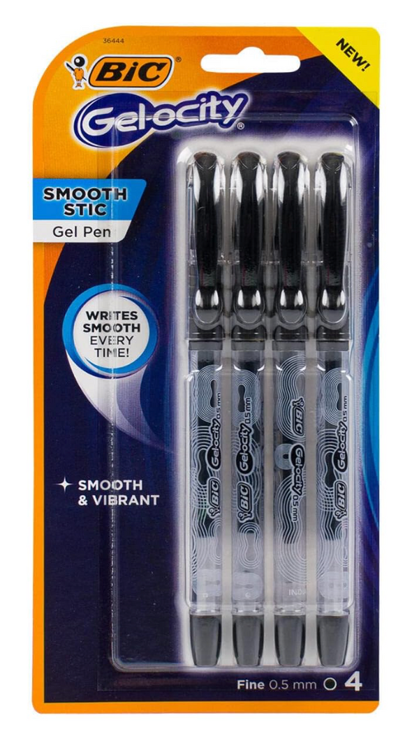 BIC Gel-ocity Gel Stic Pen, Fine 0.5mm, 4Pk. Black, BC-10