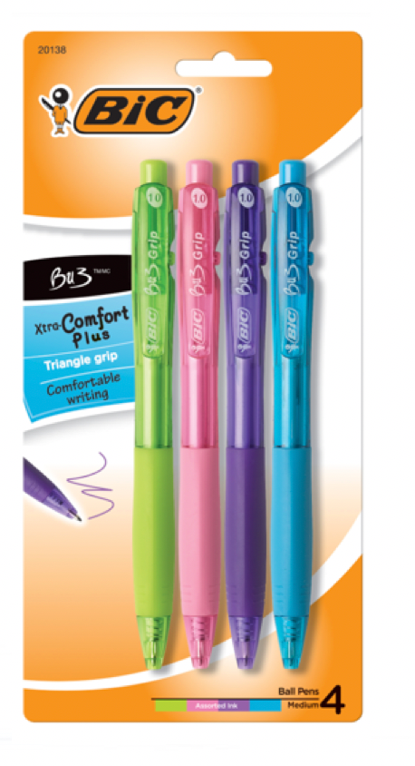 Bic BU3 Retractable Grip Pen 4 Pack Fashion Colors, #18988, B-25 