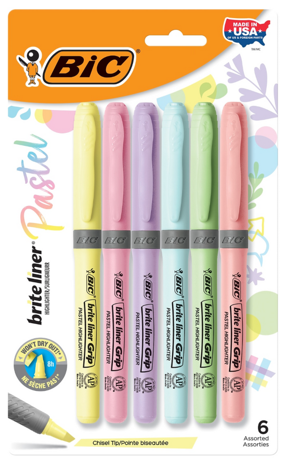 BIC Brite Liner Highlighter with Grip, Pastel Colors, 6/Pack (GBLDP61-AST)
