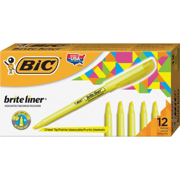 BIC Brite Liner Highlighter, Chisel Tip, Fluorescent Yellow, Dozen