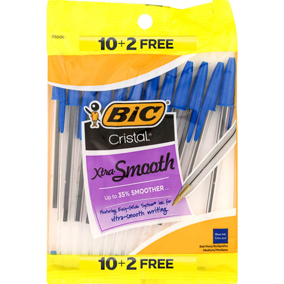 Bic Cristal Xtra Smooth Stic Pen, Blue (10+2 pack), MSP10BL